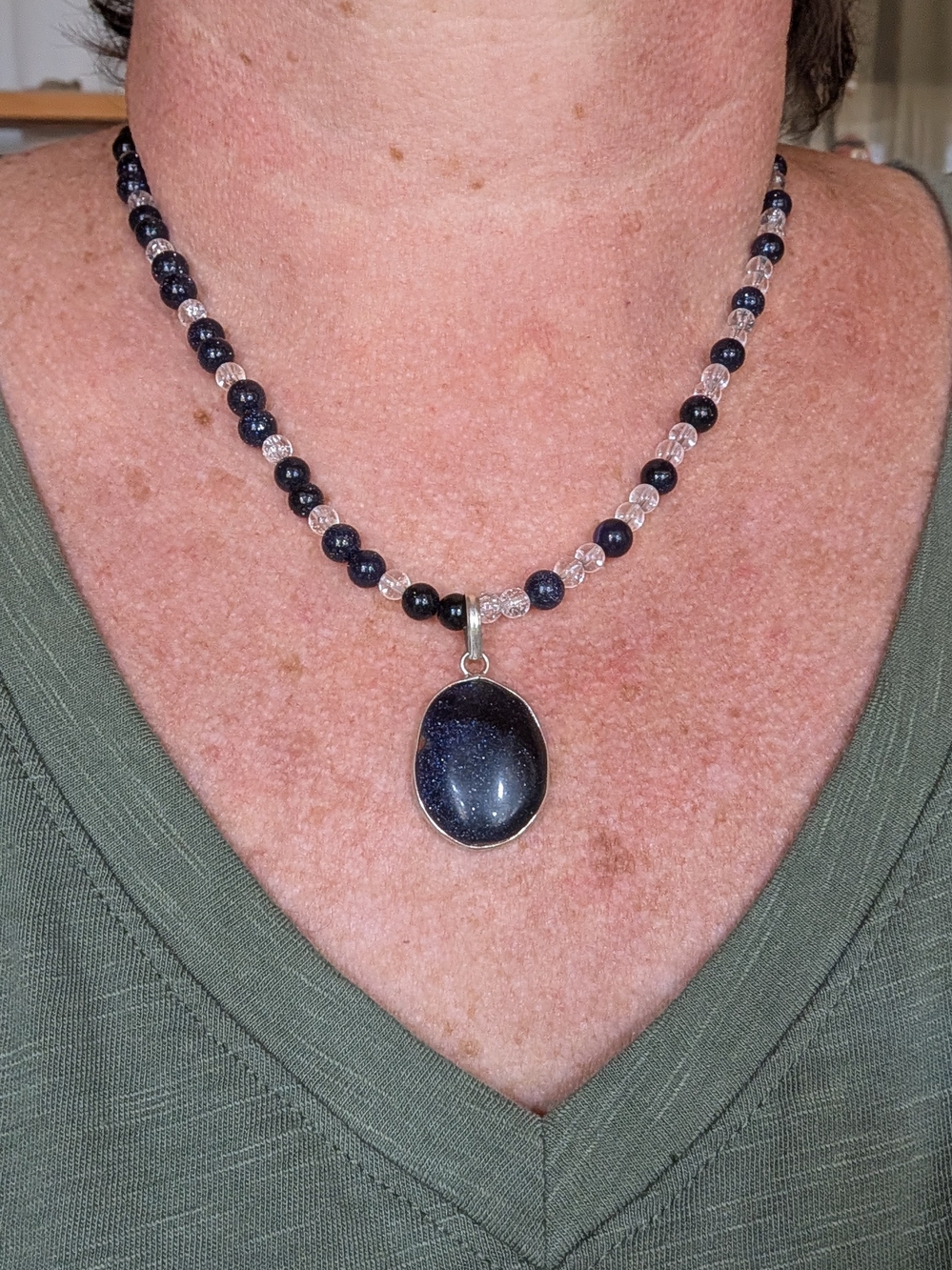 Handmade Blue Goldstone Pendant Beaded Necklace - Unbranded